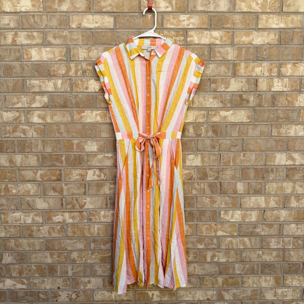 LOFT Striped Belted Midi Dress Size 2 Orange Pink Yellow Button Front Tie Waist